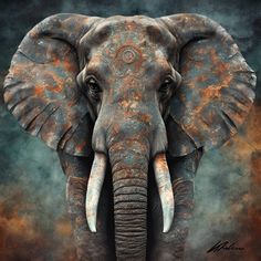 an elephant with tusks standing in front of a blue and orange sky background