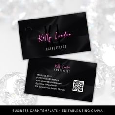 business card template for hair stylist with shiny diamonds on the bottom and black background