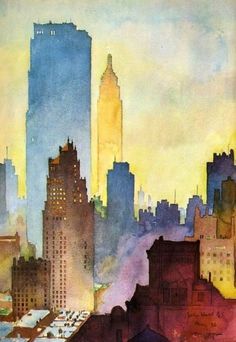 a painting of a city skyline with tall buildings