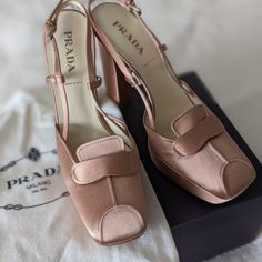 Iconic Platform Slingback Heels From Prada. Gorgeous Pale Peach Satin, Leather Soles. 100% Authentic, Comes With Box And Dustbag, Card, Or If You Want To Save On Shipping, No Box. Size 38 European, About A Us8. Brand New, Never Worn (Only Admired...). Rare Find!! Luxury Pink Slingback Pumps With Open Heel, Luxury Pink Slingback Pumps With Heel Strap, Luxury Pink Slingback Pumps, Designer Slingback Pumps For Spring, Designer Pink Slingback Pumps For Formal Occasions, Luxury Pink Ankle Strap Slingback Pumps, Designer Pink Slingback Sandals, Luxury Pink Slingback Pumps For Spring, Designer Open Toe Slingback Pumps With Padded Heel