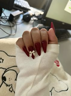 Elegant Nails Red Wine, Wine Red Valentine Nails, Cherry Wine Nails Acrylic, Red Nails Bow Design, Marron Red Nails Acrylic, Maroon Nails For Prom, Cherry Wine Nails Design, Almond Nails Valentines Day Red, Maroon Nails Aesthetic