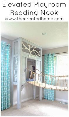 an image of a bedroom with the text elevated playroom reading nook on it