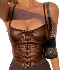 Spaghetti Strap Tank Top Clubwear Push Up Y2k Tank Top Summer Shirt Bodice $9.99 Brown Leather Corset, Elegant Tank Tops, Leather Tank Top, Leather Bustier, Vintage Corset, Corset Crop Top