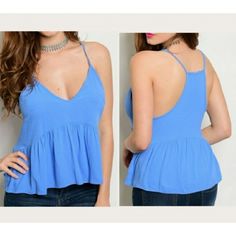 New Boutique Item From Solemio, From Los Angeles Blue Low-Cut V-Neck Cami Top With Thin Spaghetti Straps, Racerback, Slim Fitting Bust With Flared Peplum Empire Waist. Made In The Usa 100% Rayon, Hand Wash. 21.5" Long From Shoulder. Runs True To Size. Flattering Top For Spring And Summer! S: 33" Bust M: 34" Bust L: 36" Bust Flattering Tops, Blue V, Cami Top, Cami Tops, Empire Waist, Low Cut, Spaghetti Strap, Spaghetti, Hand Wash