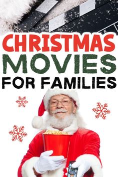 christmas movies for families with santa claus holding a popcorn bucket and cell phone in his hand