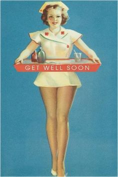 a woman holding a tray that says get well soon on the front and back of her body