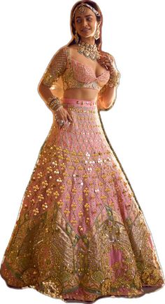 Elegant Pink Lehenga For Navratri, Pink Chandbali Set With Mirror Work, Elegant Pink Kundan Sets, Elegant Pink Kundan Jewelry Sets, Pink Kundan Traditional Wear For Reception, Pink Chandbali Choli With Intricate Embroidery, Pink Wedding Sharara With Mirror Work, Pink Embellished Choli With Traditional Drape, Elegant Pink Choli With Mirror Work