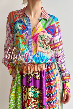 Details Size Chart Colorful mixed print classic style shirt. Long cuffed sleeves, button down with a breast pocket. Shirt features a large parrot graphic and lots of different geometric prints. Back of the shirt reads ¡°YOU MAKE ME WONDER¡± along the top. Pair this top with our casual pants for a fun, flattering look. ? Length: Hip-Length Material: Satin Sleeve Type: Long Sleeve Neckline: Shirt Collar Style: Vacation Wear Fit Style: Loose Fit @Note: Size: please check measurements carefully Please allow 0.5-1" difference due to manual measurement Different monitor settings means colors may differ slightly 1" = 2.54cm @ Size(inch) Bust Shoulder Sleeve Length Length S 38.58 16.73 24 26.77 M 40.16 17.13 24.5 27.17 L 41.73 17.52 25 27.56 XL 43.31 17.91 25.5 27.95 2XL 44.88 18.31 26 28.35 3XL 4 Shirt Collar Styles, Geometric Prints, Vacation Wear, Oversized Blouse, Pocket Shirt, Shoes With Jeans, Style Shirt, Romper Pants, Fit Style