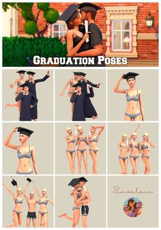 some animation characters are posing in their underwears and graduation caps, with the words graduation poses