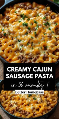 creamy cajun sausage pasta in a cast iron skillet with cheese and parsley