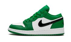 The Air Jordan 1 Low GS “Pine Green” is the slimmed down youth sizing of Michael Jordan’s first signature shoe.  The colorway brings to mind the team uniform colors of the Boston Celtics, which were a perennial opponent of Jordan’s throughout his career with the Chicago Bulls.  Green leather overlays are found on the forefoot, collar, and eyelets.  The color reappears on the heel and nylon tongue while the perforated toe and mid-panel are finished off with a crisp white leather.  A bold black le Jordan 1 Low Pine Green, Air Jordan 1 Pine Green, Green Jordans, Nike Air Jordan 1 Low, All Nike Shoes, Sport Shoes Fashion, Popular Sneakers, 2020 Fashion, Pine Green