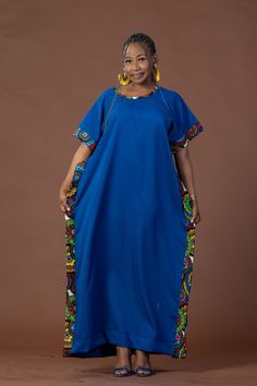 * Beautiful  maxi kaftan dress with contrasting fabric on the side, neckline and sleeve hem. * Dress has two side pockets and can be dressed up or down. * Dress is made with very high quality breathable polyester fabric * This stunning dress can be worn for any occasion and suits all shapes and sizes beautifully *  Ready to ship within a week of placing the order. * Rush service also available, if you need the item by a particular day, please send me an etsy conversation. A copy of our size chat Blue Ankara Fabric Maxi Dress, Ankara Bubu, Ankara Jumpsuit, Dress African Print, Ankara Clothing, Dress Ankara, African Print Dress Ankara, Maxi Kaftan, Dress African