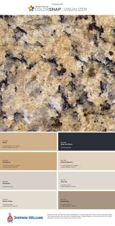 the color scheme for this granite countertop is beige and brown, with black spots on it