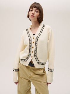 "Editor's NotesThis cardigan is crafted from a wool blend featuring a warm feeling. Sleeves are designed with a slightly relaxed length and finished ribbed cuff. The natural ivory color and unique pattern create a vintage style.- Natural ivory color- Contrasted color's pattern and buttons are harmonious- Loose fit silhouette- Rebbied neckline, cuff and hem features high quality and also prevent from stretchMeasurements(in.)One size(XS-M)- Total length: 23.03 in. - Shoulder: 17.32 in.- Chest: 21.65 in.- Sleeve length: 24.60 in.- Hem: 17.51 in.Model info:- Alma: Height 5'7" Bust: 29.92 in. Waist: 24.01 in. Hips: 35.43 in. - Ana: Height 5'6" Bust: 21.49 in. Waist: 25.59 in. Hips: 36.61 in.Composition & Care- 22% WOOL 10% NYLON 65% ACRYLIC 3% SPAN- Dry cleanDesigner- by&nbsp W Concept, Knitwear Cardigan, Ivory Color, Knitting Designs, Unique Patterns, Color Patterns, Wool Blend, Vintage Style, Knitwear