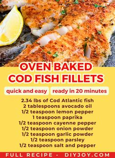 cod fish fillet seasoned with herbs and spices Baked Cod And Potatoes, Sway Fish Recipe, Bake Fish Recipes Oven, Cod Filet Recipes, Baked Cod Fillets, Oven Baked Cod