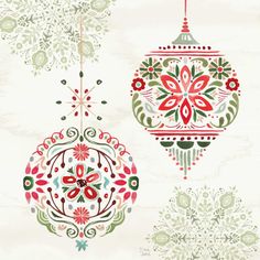 christmas ornaments are hanging from the ceiling in different colors and designs on a white background