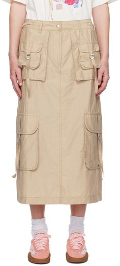 Organic cotton- and nylon-blend taffeta skirt. Cinch straps throughout. · Belt loops · Cinch tabs at waistband · Zip-fly · Three-pocket styling · Flap pockets at front and outseams · Logo embroidered at back zip pocket · Vent at back hem Supplier color: Beige Beige Cargo, Taffeta Skirt, Cargo Skirt, Logo Embroidered, Simple Outfits, Apparel Accessories, Zip Pockets, Womens Bottoms, Maxi Skirt