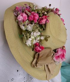 Floral garland for hat Hat With Flowers, Gardening Hat, Vintage Millinery, Velvet Flowers, Ribbon Work, E Card