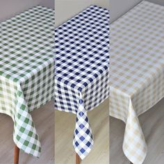 the table cloths are green and white checkered, but they have blue ties on them