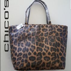 Beautiful Chico's Leopard Print Tote Bag. Exterior Zipper Pocket, Interior Large Slip Pocket And Top Snap Closure. Black Fabric Lining And Chicos Emblem Inside. There Is A Pebble Texture And Some Shimmer. This Bag Is New With Tags. Very Durable Material! Perfect For A Work Bag To Carry Laptop Or A Travel Bag For Air Planes As A Carry On!! 16''W X12''H X 6'' X 9'' Handle Drop 100% Polyurethane Chic Leopard Print Bags For Errands, Leopard Print Tote, Air Planes, Work Bag, Print Tote, Louis Vuitton Speedy Bag, Printed Tote Bags, Black Fabric, Womens Tote Bags