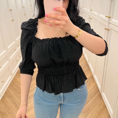 New, Great Material. Black Summer Blouse For Brunch, Black Tops For Day Out In Spring, Trendy Black Blouse For Brunch, Trendy Black Blouse For Day Out, Black Trendy Spring Blouse, Trendy Black Spring Blouse, Trendy Black Top For Brunch, Trendy Black Tops For Brunch, Black Spring Blouse For Brunch