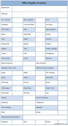 the office supplies inventory sheet is shown