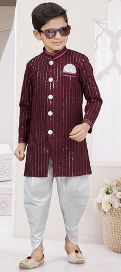 Red and Maroon color Boys Dhoti Sherwani in Silk fabric with Stone, Thread work Red Long Sleeve Churidar With Cutdana, Red Nehru Jacket For Diwali Designer Wear, Red Dabka Sherwani For Designer Wear, Traditional Red Sherwani With Dupatta, Red Sherwani With Dupatta In Traditional Drape, Red Bandhgala With Dabka For Designer Wear, Red Sherwani With Dupatta Traditional Drape, Bollywood Style Red Sherwani With Dupatta, Red Fitted Churidar For Formal Occasions