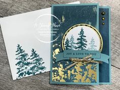 two cards, one with pine trees and the other with gold foil