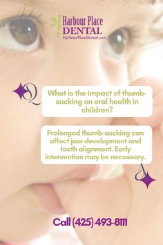 [If you have any questions, Please Call Us at (425) 493-8111]

Question: What is the impact of thumb-sucking on oral health in children?
Answer: Prolonged thumb-sucking can affect jaw development and tooth alignment. Early intervention may be necessary.💡

🌟**Thumb-Sucking and Oral Health: What You Need to Know!**🌟

Thumb-sucking is natural for infants but can impact oral health if it continues past age 4-5. Watch for:

🔹Malocclusion: Open bites and overbites.
🔹Jaw Misalignment: Affects growth, chewing, and speaking.
🔹Palate Changes: Narrowing may need orthodontics.
🔹Skin Issues: Irritation and calluses.

**Tips to Help:**
1. Positive Reinforcement
2. Identify Triggers
3. Gentle Reminders
4. Consult Us
Let's keep those smiles healthy!😊🦷✨
#ThumbSucking #OralHealth
Read more... Identify Triggers, Teeth Alignment, Dental Procedures, Dental Problems, Early Intervention, Low Self Esteem, Positive Reinforcement, Skin Issues