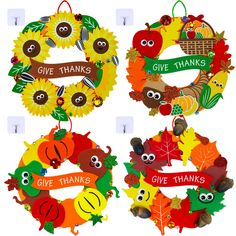 four thanksgiving wreaths with the words give thanks, give thanks and give thanks