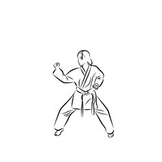 a black and white drawing of a man in karate stance with his arm raised to the side