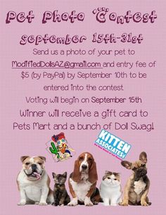 a flyer for a pet photo contest with dogs and cats on it's side