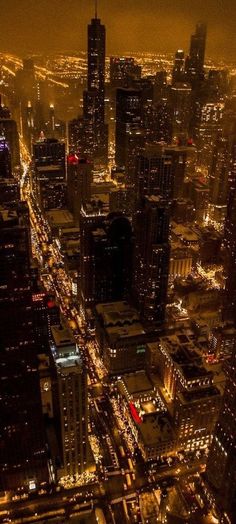 an aerial view of the city at night