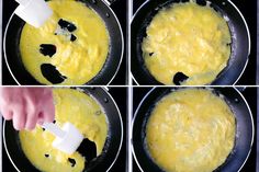 four pictures showing how to make omelets in a skillet with cheese being melted on top