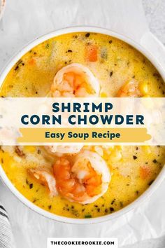 shrimp corn chowder soup in a white bowl