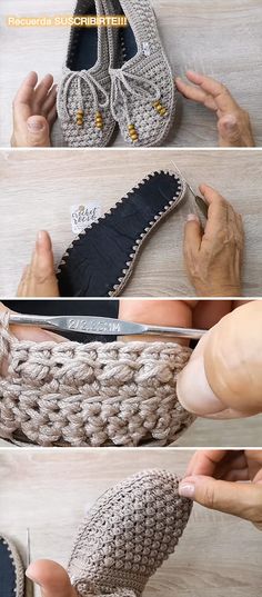 crocheted slippers are being made with yarn