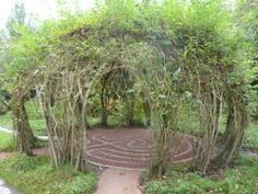 an outdoor garden area with trees and plants on the ground, in front of a stone path