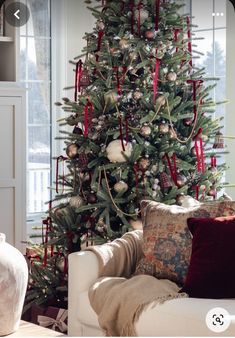 a decorated christmas tree in a living room with red and gold ornaments on it's branches