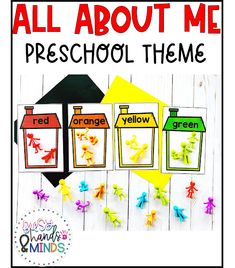 an all about me preschool theme with the words, colors and shapes in different languages