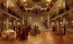 an artist's rendering of a ballroom with people dressed in formal wear and chandeliers