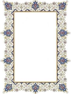 an ornate border with blue and red flowers on it, in the middle of a white background