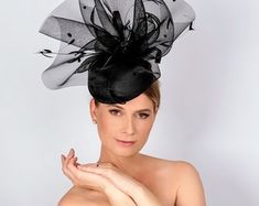 Kentucky Derby Hat, Black Fascinator, Charity Luncheons, Del Mar, Royal Ascot Hatinator, Black Gray Lady Amherst Feathers - Etsy Black High Crown Hat For Evening, Black Fitted Fascinator For Evening, Fitted Black Fascinator For Evening, Black Fitted High Crown Costume Hat, Elegant Black High Crown Mini Hat, Black Kentucky Derby Hat For Evening, Black High Crown Hat For Races, Black High Crown Top Hat For Races, Black High Crown Headpiece For Wedding