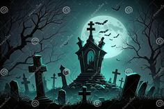 a cemetery with tombstones and bats at night