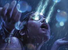 a woman holding her head in the air with lightning coming out of her eyes and hands