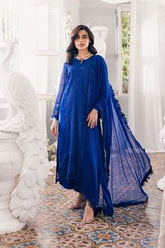 Luxury Navy Blue Embroidered Pakistani Salwar Kameez in Chiffon Blue Chanderi Salwar Kameez With Chikankari Embroidery, Blue Silk Churidar With Chikankari Embroidery, Eid Blue Anarkali Set With Chikankari Embroidery, Blue Anarkali Set With Chikankari Embroidery For Eid, Blue Organza Kurta For Diwali, Designer Blue Salwar Kameez With Chikankari Embroidery, Blue Georgette Anarkali Set With Chikankari Embroidery, Blue Salwar Kameez With Dabka Work In Organza, Elegant Blue Kurta With Sheer Dupatta