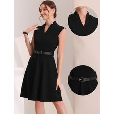 A classic dress with breathable fabric keeps you comfortable and gorgeous in spring, summer, autumn, and winter. Make this elegant above-knee-length dress your fashion priority, which is designed with a split neck, and fitted waistline. A functional high waist with belt loops, a tying sash belt, and ends at a flared skirt. Wear it with high heels and flat shoes for an elegant and casual look. Elegant Sleeveless V-neck Dress In Solid Color, Black V-neck Sleeveless Dress For Work, Spring Formal Sleeveless Dress, Solid Sleeveless Dress For Spring Formal, Classic Black Sleeveless Summer Dress, Classic Black Sleeveless Dress For Summer, Elegant Sleeveless Dress For Spring Semi-formal, Sleeveless Solid Color Midi Dress For Work, V-neck Sleeveless Dress For Office In Spring