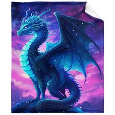 a blue dragon sitting on top of a purple cloud filled sky with stars in the background