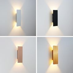 four different angles of a wall light with wood panels on the sides and white walls