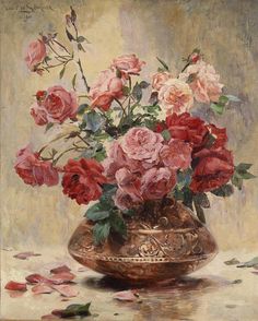 a painting of roses in a vase on a table