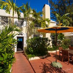 an outdoor patio with tables and umbrellas in front of a white building surrounded by palm trees